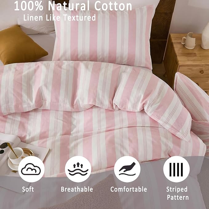 Merryword Pink Striped Duvet Cover Set King Size, 100% Cotton Bedding Set with Zipper Closure & 8 Corner Ties, Awning Stripe Bedding, Soft Breathable Comforter Cover for All Seasons