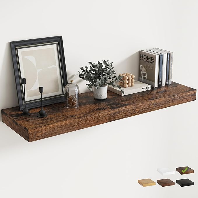 12" Deep Floating Shelves for Wall with Invisible Brackets, Wall Mounted Engineered Wood Shelves with Wood Grain for Living Room, Bedroom, Kitchen Decor and Storage, 48"L Set of 1, Rustic Brown