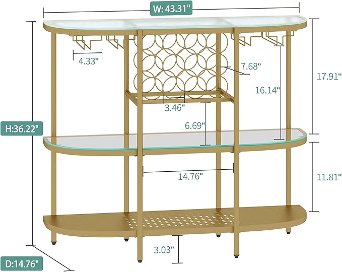 O&K FURNITURE Home Bar Table with Wine Racks, 3 Tier Wine Bar Table with Glass Holders, Wine Cabinet with Open Shelf, Liquor Bar Coffee Bar Table for Living Room Kitchen, Gold