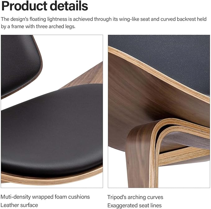 Mid Century Modern Shell Lounge Chair, PU Leather, Tripod Plywood Classic Design Solid Wood Accent Chairs for Living Room, Reading, Lounge, Office, Salon