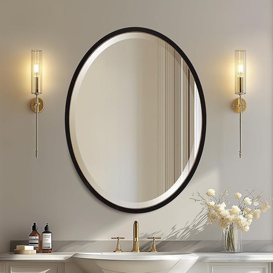 OVALCREST - Oval Wooden Beveled Wall Mirror for Home Decor, Bathroom, Vanity, Bedroom, Living Room, Hallway - London Style (Rubbed Black) 25.1 x 21.1