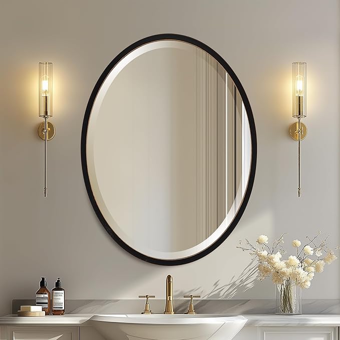 OVALCREST - Oval Wooden Beveled Wall Mirror for Home Decor, Bathroom, Vanity, Bedroom, Living Room, Hallway - London Style (Rubbed Black) 25.1 x 19.1