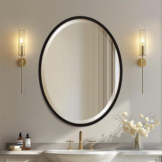 OVALCREST - Oval Wooden Beveled Wall Mirror for Home Decor, Bathroom, Vanity, Bedroom, Living Room, Hallway - London Style (Rubbed Black) 21.1 x 17.1