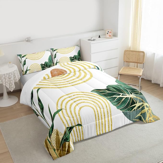 Erosebridal Modern Boho Green Comforter Minimalist Mid Century Toddler Bedding Set Simple Aesthetic Art Bedding for Kids Adults Minimalism Plant Duvet Insert 2Pcs Room Decor