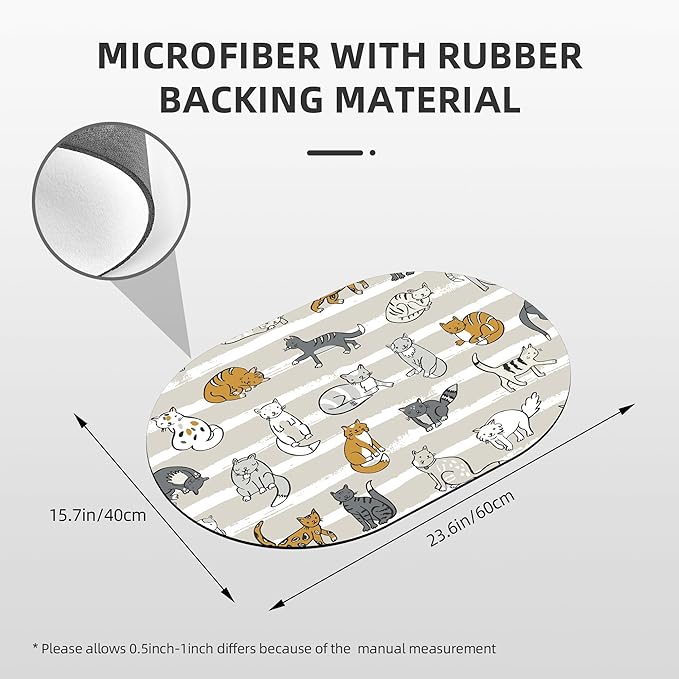 Cute Cartoon Cats Diatomaceous Mud Bath Mat Grey Striped Oval Soft Wrinkle Free Bathroom Floor Rugs Non-Slip Super Absorbent Fast Drying Bath Rug for Bathroom Kitchen Door Mat 23.6x15.7 Inches