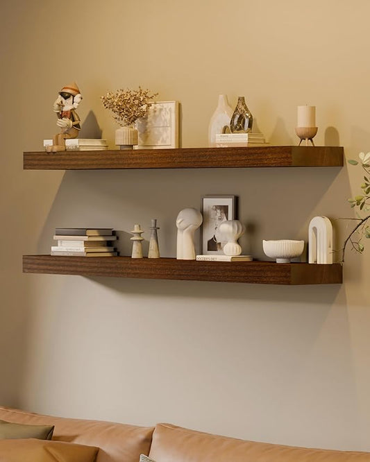 12x36 Inch Floating Shelves for Wall, Extra Long White Wall Shelves, Set of 2, Hanging Invisible Brackets Floating Shelves for Living Room,Bedroom,and Kitchen (Walnut, 2T60IN)