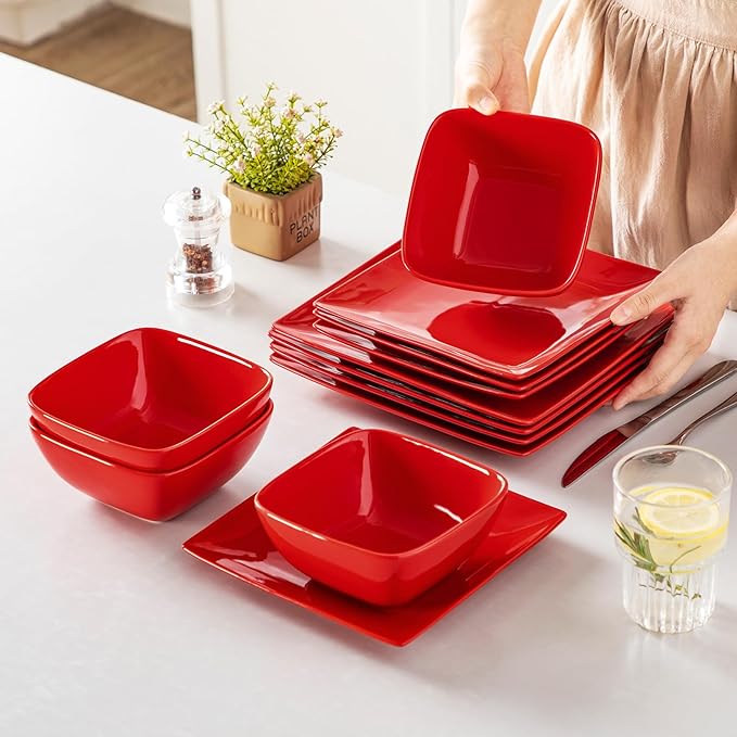 vancasso Soho Dinnerware Sets 12 Pieces, Red Stoneware Square Place Setting, Dinner Plate, Plates and Bowls Sets, Dishes Service for 4