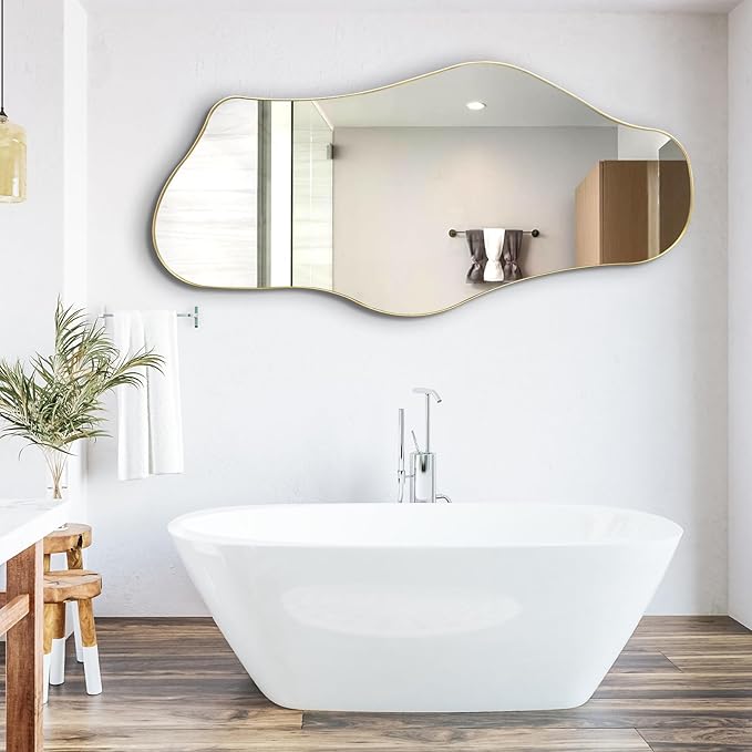 Large Irregular Mirror, 55"x25.6" Gold Asymmetrical Mirrors, Abstract Full Length Mirrors with Metal Frame, Cloud Shaped Mirror for Living Room Bathroom Bedroom Hallway Entryway Fireplace