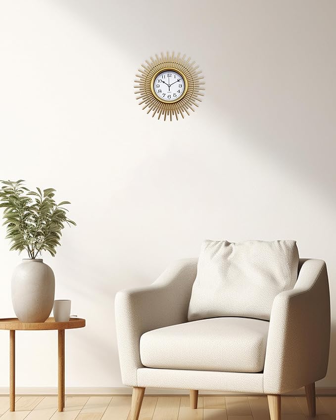 Gold Sunburst 10 Inch Small Wall Clock Battery Operated, Modern Boho Decorative Wall Clock for Living Room, Bedroom, Kitchen, Office, Bathroom