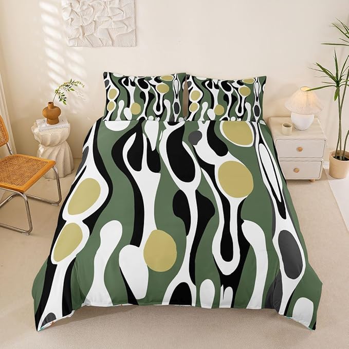 Erosebridal Organic Abstract Duvet Cover Set Modern Contemporary King Bedding Set for Adult Men Boho Mid Century Wavy Lines Comforter Cover Retro Geometric Bed Sets,Olive Green Khaki