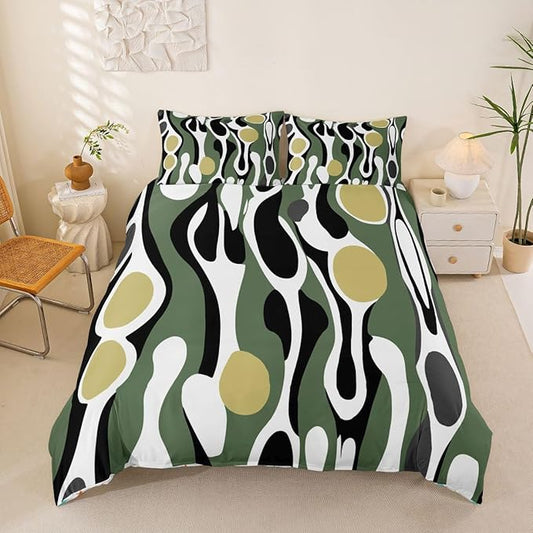 Erosebridal Organic Abstract Duvet Cover Set Modern Contemporary Full Size Bedding Sets for Tween Boys Girls Boho Mid Century Wavy Lines Comforter Cover Retro Geometric Bed Set,Olive Green Khaki