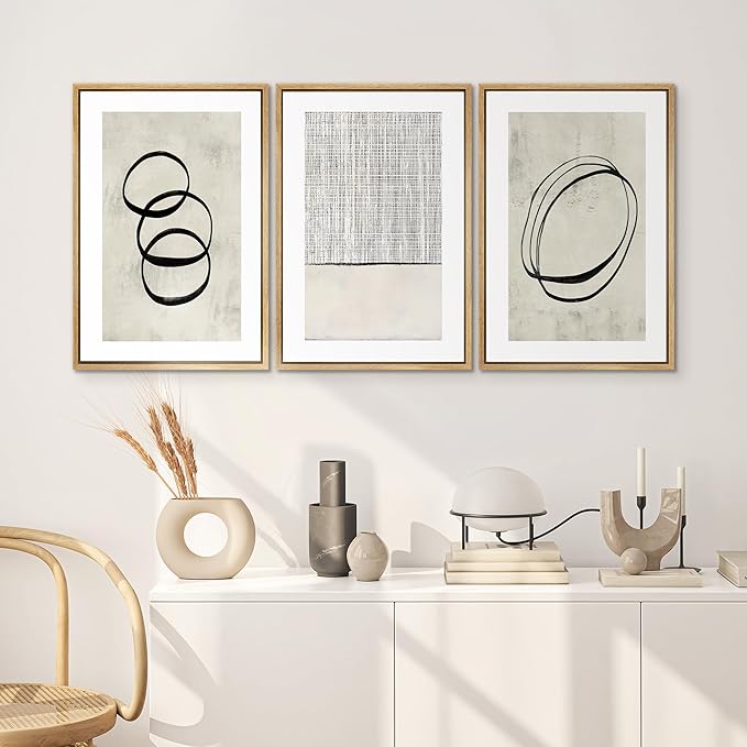 SIGNWIN Framed Canvas Print Wall Art Set Geometric Ring Grid Landscape Graffiti & Street Art Abstract Cozy Neutral Modern Art Decorative Nordic for Living Room, Bedroom, Office - 16"x24"x3 Natural