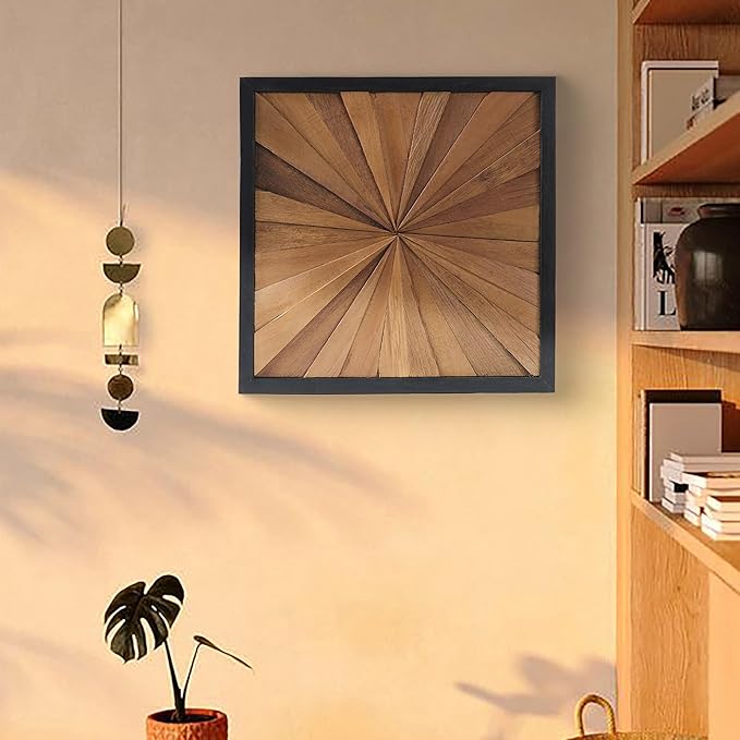 Greenage Natural Teak Wood Wall Art 17"x17" Rustic Farmhouse Sunrise Pattern Natural Wood Decor Hanging Decoration Textured Wooden Frame Wall Panel for Home Living Room Bedroom Meeting Room