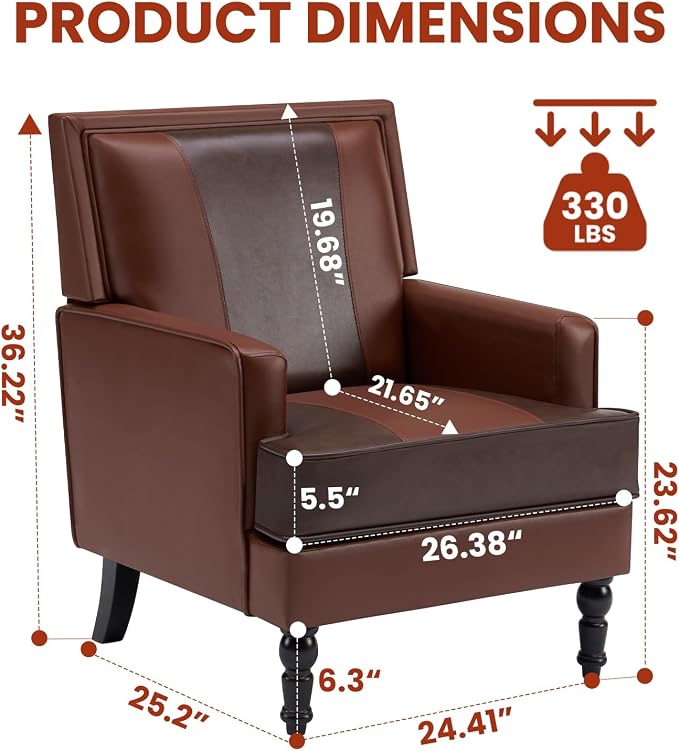 MOJAY Mid-Century Modern Accent Chairs, PU Leather Upholstered Lounge Armchair, Comfy Club Chair for Living Room, Bedroom, Home Office & Study (Brown)