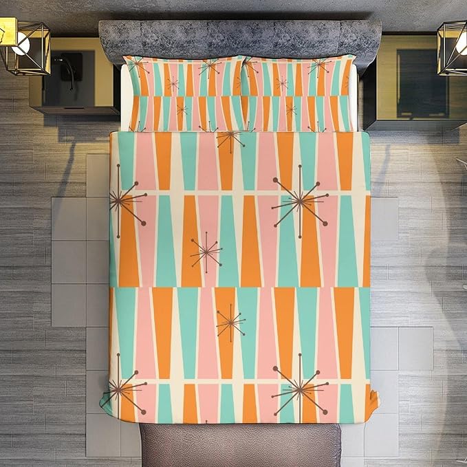 Modern Mid Century Duvet Cover Queen Retro Atomic Bedding Set, Rainbow Grid Comforter Cover Vintage Fifties 1950s Bed Set，Abstract Art Bedding 3 Piece (1 Duvet Cover 90"x90" + 2 Pillow Sham 20"x30")