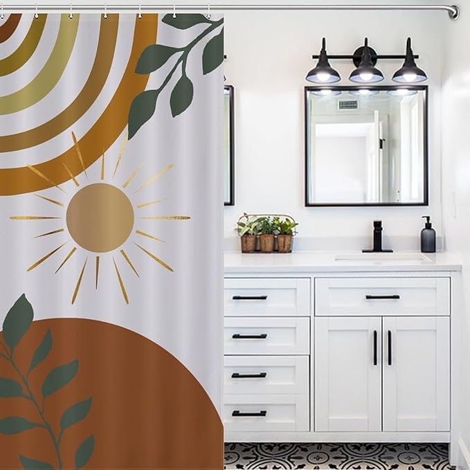Mid Century Shower Curtain,Boho Modern Abstract Minimalist Gold Sun Bathroom Curtain Polyester Waterproof Fabric Decor 72x72in（183x183cm）