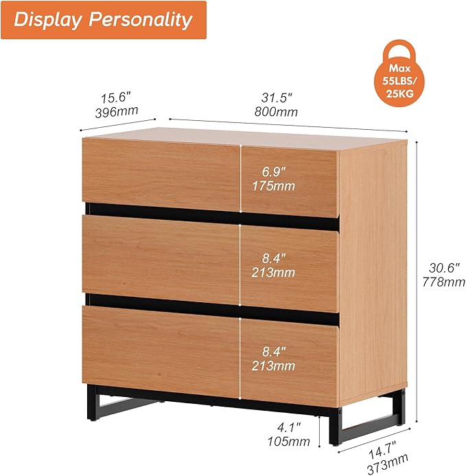 WAMPAT Dresser for Bedroom, Closet Organizers and Storage with 3 Drawers, Chest of Drawers with Metal Base, Modern Wood Dresser for Living Room, Hallway, Entryway, Mocha