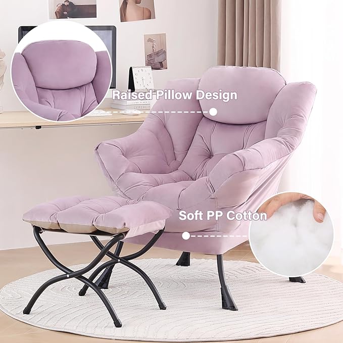 Tiita Lazy Chair with Ottoman, Purple Modern Large Accent Armchair, Comfy Leisure Sofa Reading Chair with Footrest for Bedroom, Living Room, Dorm Rooms, Garden, Velvet Light Purple