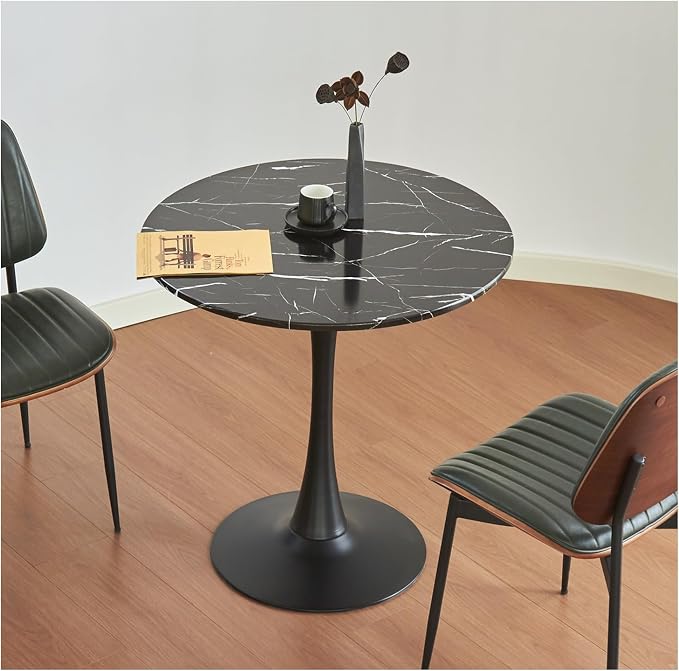Round Dining Table, 24" Circle Tulip Table with Thickened Tabletop & Metal Pedestal, Mid Century Modern Bistro Table for Kitchen, Small Places, Living Room, Cafe (Marble Pattern Black)