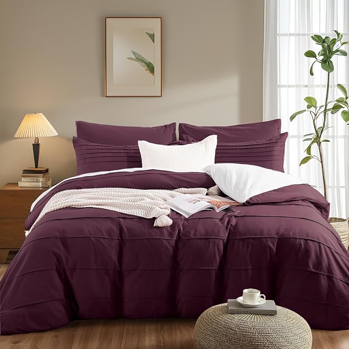 NEXHOME PRO 100% Organic Cotton Duvet Cover California King Size, Linen Like Pleated Textured Burgundy Bedding Set, 3pc Bedding Set with Zipper Closure, Soft,104"x98", No Comforter