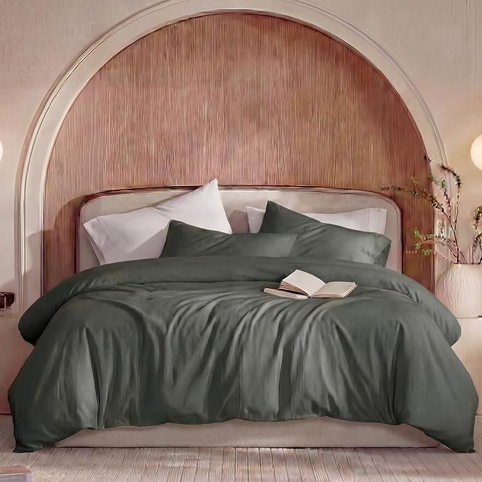 100% Washed Cotton Duvet Cover King Size – Olive Green, Linen-Like Texture, Super Soft & Breathable Bedding Set, 3-Piece Durable Percale Comforter Cover