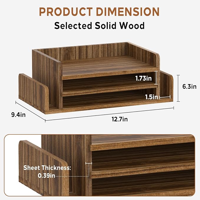 SUPEASY Wooden Desk Organizer, 3-Tier Letter Tray File Organizer with Dual Side Mail Sorter, Solid Wood Desktop Paper Organizer for Office, Home Office, Classroom（Dark Brown）