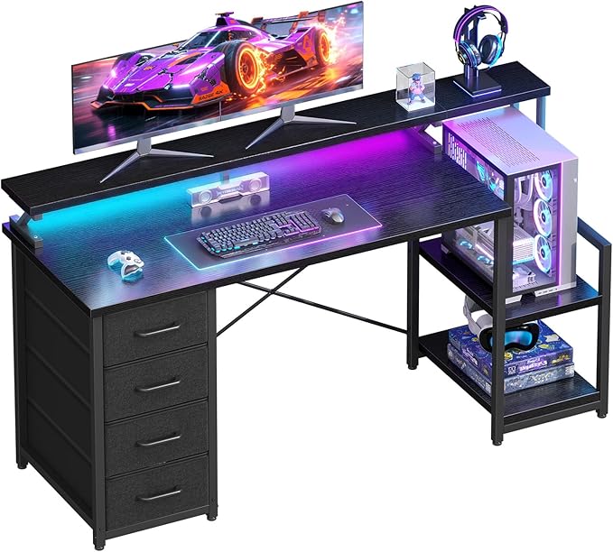 ODK 55 Inch Computer Desk with 4 Drawers, Office Desk with LED Lights and Storage Shelves, Large Writing Study Table for Home, Bedroom, Study or Gaming Setup, Black