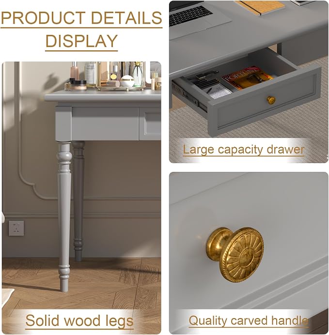 Solid Wood French Country Desk,Writing Desk with Storage Drawers,Farmhouse Computer Table Makeup Table Modern Simple Style,for Home Office Living Room Study Workspace Bedroom (Grey, 31.5IN)