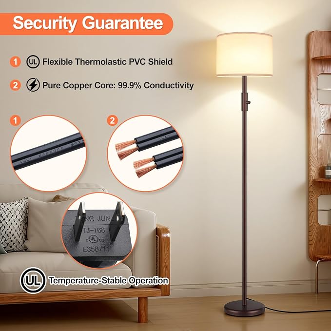 【Upgraded】 Dimmable Floor Lamp, Modern Floor Lamps for Living Room, Standing Lamp with Linen Shade, Tall Lamp for Bedroom Office Dining Room- Brown