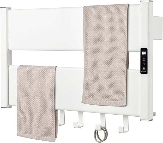 K&KALONZO Smart Electric Towel Warmer with 3-Level Timer & Temp Control, 2H Rapid Dry Aerospace Aluminum Heated Towel Rack, Hardwired/Plug-in Wall Mounted Towel Heater with 4 Hooks, White,H2-W