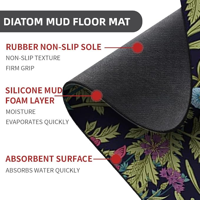 Diatomaceous Earth Bath Mat,Wild Flowers Non-Slip Volume Super Absorbent Fast Drying for Bathroom Kitchen Door mat,Eco-Friendly Easy to Clean 20×31Inch (50 * 80cm)