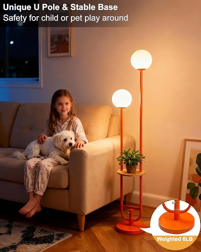 Lightdot 63IN Orange Floor Lamp with U Pole, 2 Globe Mid Century Standing Lamps with Bulbs Included, Unique Vintage Dimmable Tall Floor Lamp for Living Room/Wedding/Party/Sofa Beside/Corner Decor