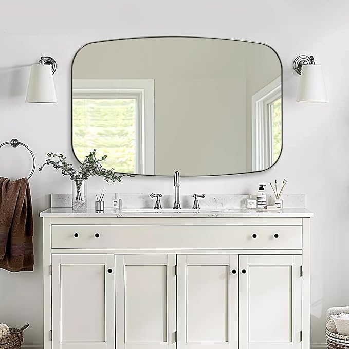 ANDY STAR Brushed Nickel Bathroom Mirror, 32x48 Oblong Mirror with Stainless Steel Metal Frame, Silver Oval Vanity Mirror for Over Sink, Modern Anti Rust Wall Mounted