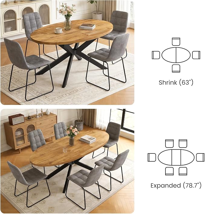63"-78.7" Extendable Round Dining Table Set for 6, 7 Piece Mid Century Modern Oval Kitchen Table Set, Large Dining Table with 6 Dining Chairs for Living Room Space Saving（Walnut Table+6 Grey Chairs)