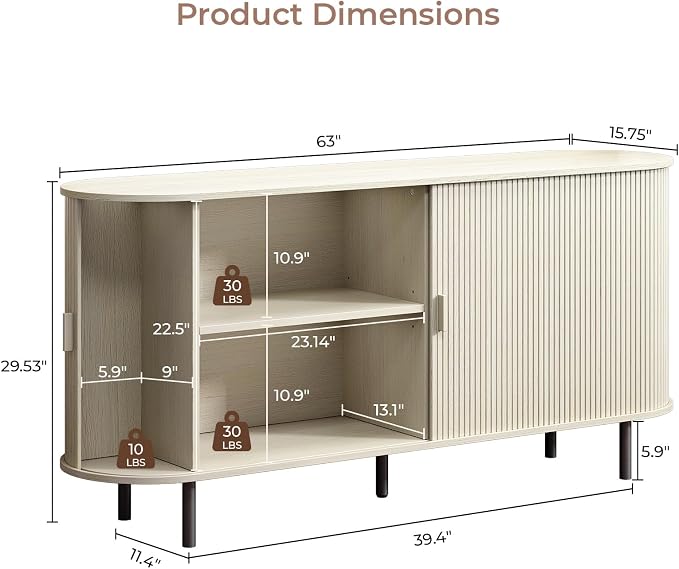 Buffet Cabinet with Storage, Fluted Sideboard Buffet with Sliding Door, Coffee Bar Cabinet with Adjustable Shelf, Console Table, Accent Table for Entryway, Kitchen (Natural White, 63 Inch)