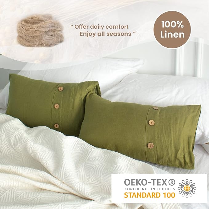 Simple&Opulence 100% Linen Lumbar Pillow Cover 12 x 20 Inch Set of 2 Rectangular Decorative Pillow Cover with Vintage Triple Coconut Button for Couch Sofa Bed Living Room Office Décor - Olive Green