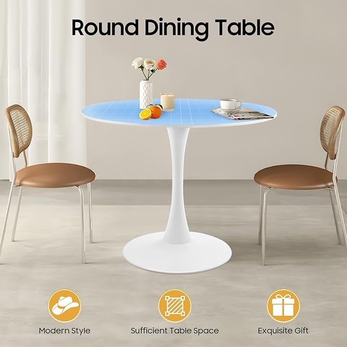 Round Dining Table, 31.5" Circle Tulip Table with Thickened Tabletop & Metal Pedestal, Mid-Century Modern Style MDF Top for Kitchen Living Room Cafe and Small Spaces