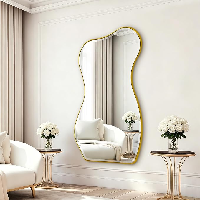 POZINO Large Irregular Beveled Mirror, 63"x32" Asymmetrical Wall Mirror with Metal Frame, Full Length Organic Floor Mirrors for Entryway Living Room Bedroom Hallway, Leaning/Wall-Mount