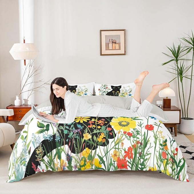 Erosebridal Cute Cat Toddler Bedding Set Vintage Flowers Duvet Cover Colorful Floral Garden Comforter Cover for Kids Girls Boys Adults Elegant Chic Animal Bed Set
