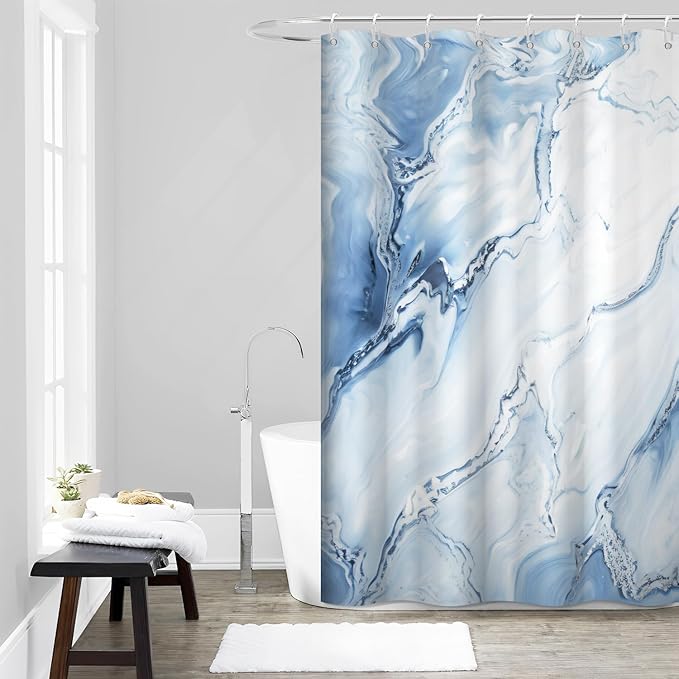 Blue Shower Curtain, Ombre Blue Marble Shower Curtain for Bathroom Modern Aesthetic Waterproof Shower Curtain Set with Hooks, 60x72 Inch