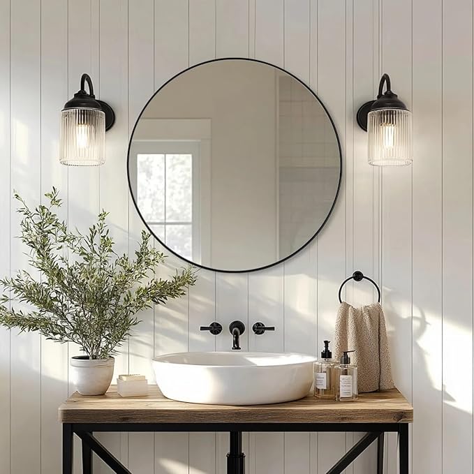 ANDY STAR Black Round Mirror Bathroom Mirrors, 28 Inch Vanity Mirror with Rust-Poof SUS304 Frame, Matte Black Mirror for Living Room, Powder Room, Entryway