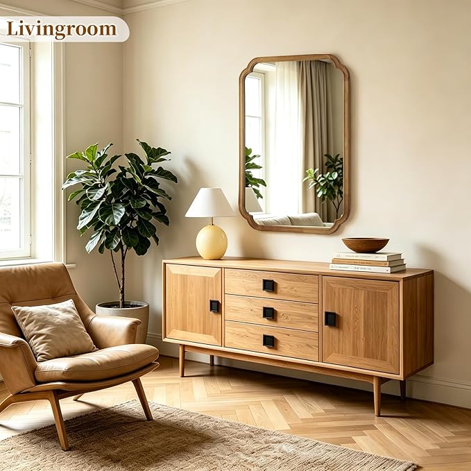 HOMECOOKIN Wood Bathroom Mirror for Wall Decor Arched Rounded Corner Rustic Wood Frame Wall Mirror Home Decorative for Vanity, Living Room, Bedroom, Entryway (24 x 36 inch, Natural)