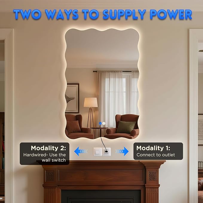 Wavy Led Bathroom Mirror- Vanity Mirror with Lights IP54 Enhanced Anti-Fog, 20"x30" Single Piece 3 Colors Dimmable, Memory,Tempered Glass,UL Listed