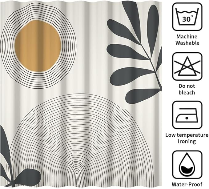 Black Gray Boho Shower Curtain for Bathroom Modern Abstract Minimalist Neutral Bathroom Decor Mid Century Arch Sun Leaf Bathtub Curtains Washable Waterproof Polyester Fabric with Hooks 72x84 Inch