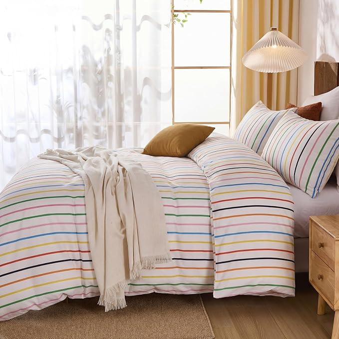Merryword Rainbow Striped Duvet Cover Set Queen Size, 100% Cotton Bedding Set with Zipper Closure & 8 Corner Ties, Luxury Linen Like Bedding, Soft Breathable Comforter Cover for All Seasons