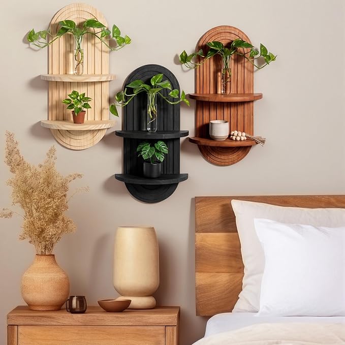 Pinkunn 3 Pcs Boho Wall Decor Floating Plant Wall Shelf Modern Mid Century Decor Hanging Natural Wood Planter Holder for Home Bathroom Bedroom Living Room Office Holding Planter 15.75 x 6.69 Inches