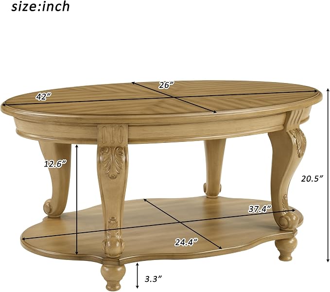 42'' Oval Wood Coffee Table for Living Room, Mid Century Farmhouse Round Coffee Tables for Apartment, Easy Assembly Traditional Coffee Table Centre Table Retro Cocktail Table, Antique Natural