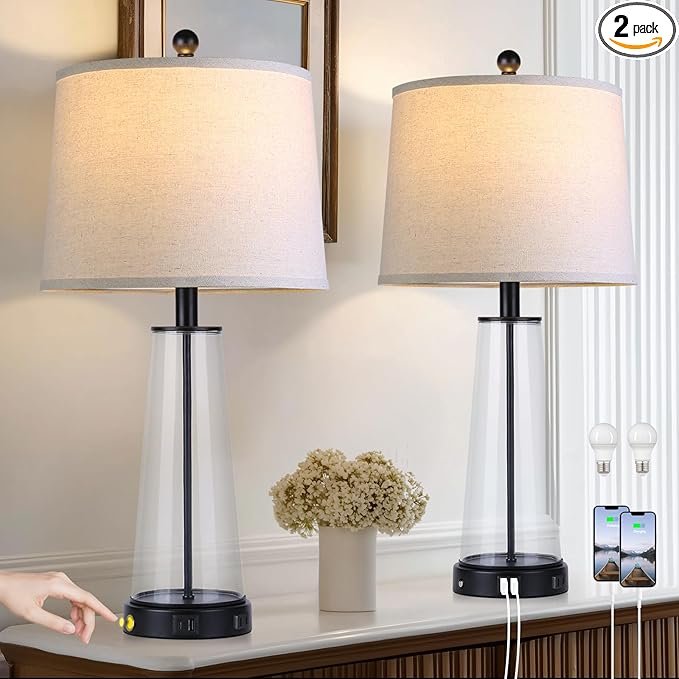 26" Glass Table Lamp Set of 2 with USB C+A Ports and AC Outlet, 3 Way Touch Modern Bedside Lamps for Night Stands, Black Nightstand Lamps for Bedroom Living Room