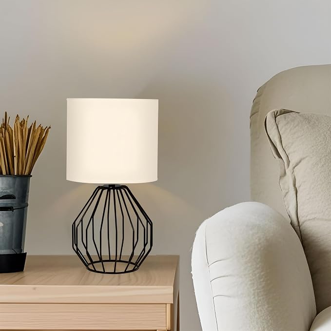 Small Table Lamp Black, Modern Minimalist Desk Lamp with Metal Base White Fabric Shade, Bedside Nightsand Table Lamp for Bedroom, Living Room, Kis Room
