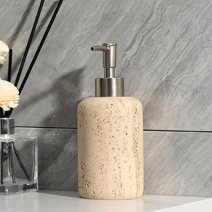 Soap Dispensing Refillable Stone Soap Dispenser Beige Travertine Liquid Shampoo Bottles Marble Hand Soap Dispenser for Bathroom Kitchen New Home Essentials
